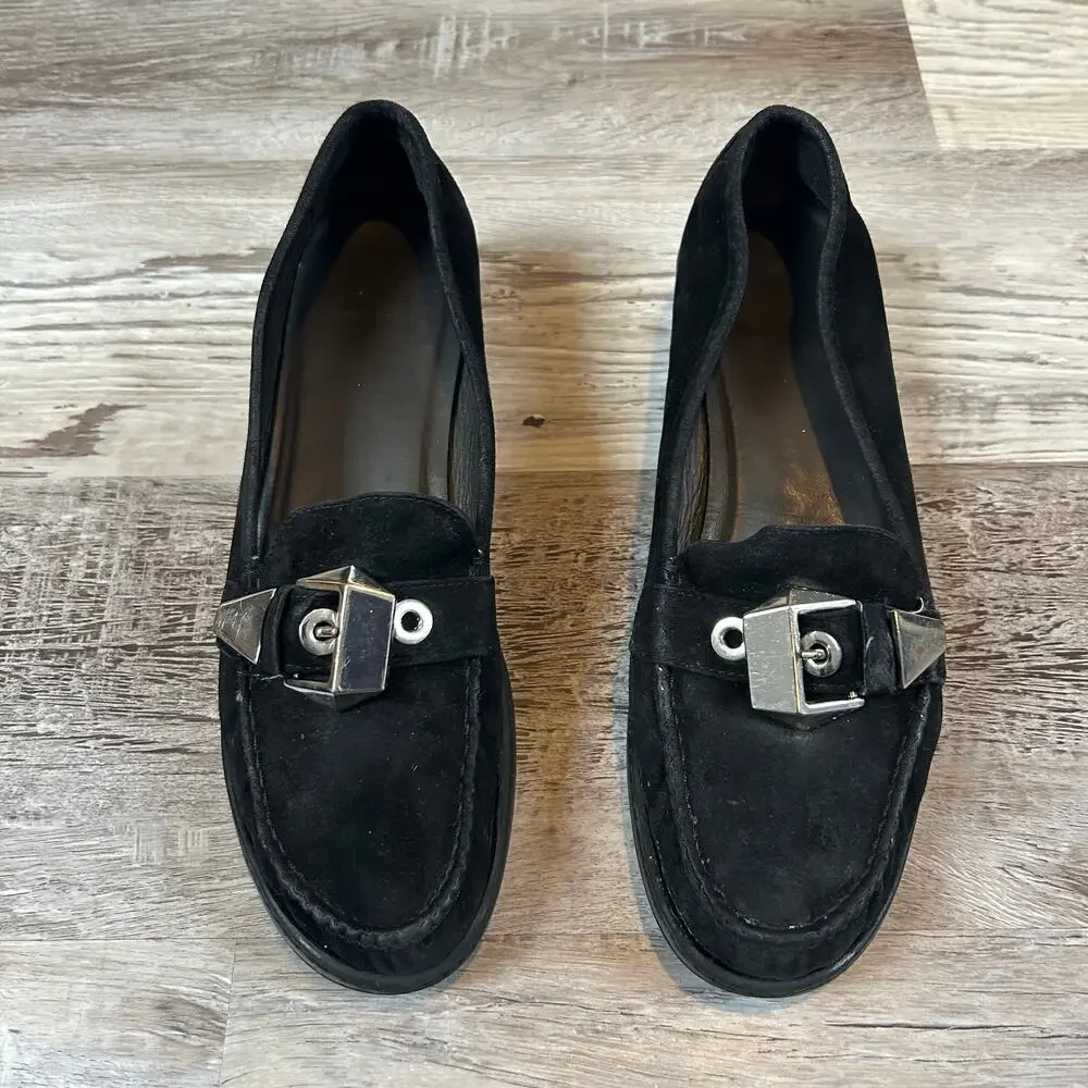 Stuart Weitzman Black Suede Buckle Loafers Size 8M